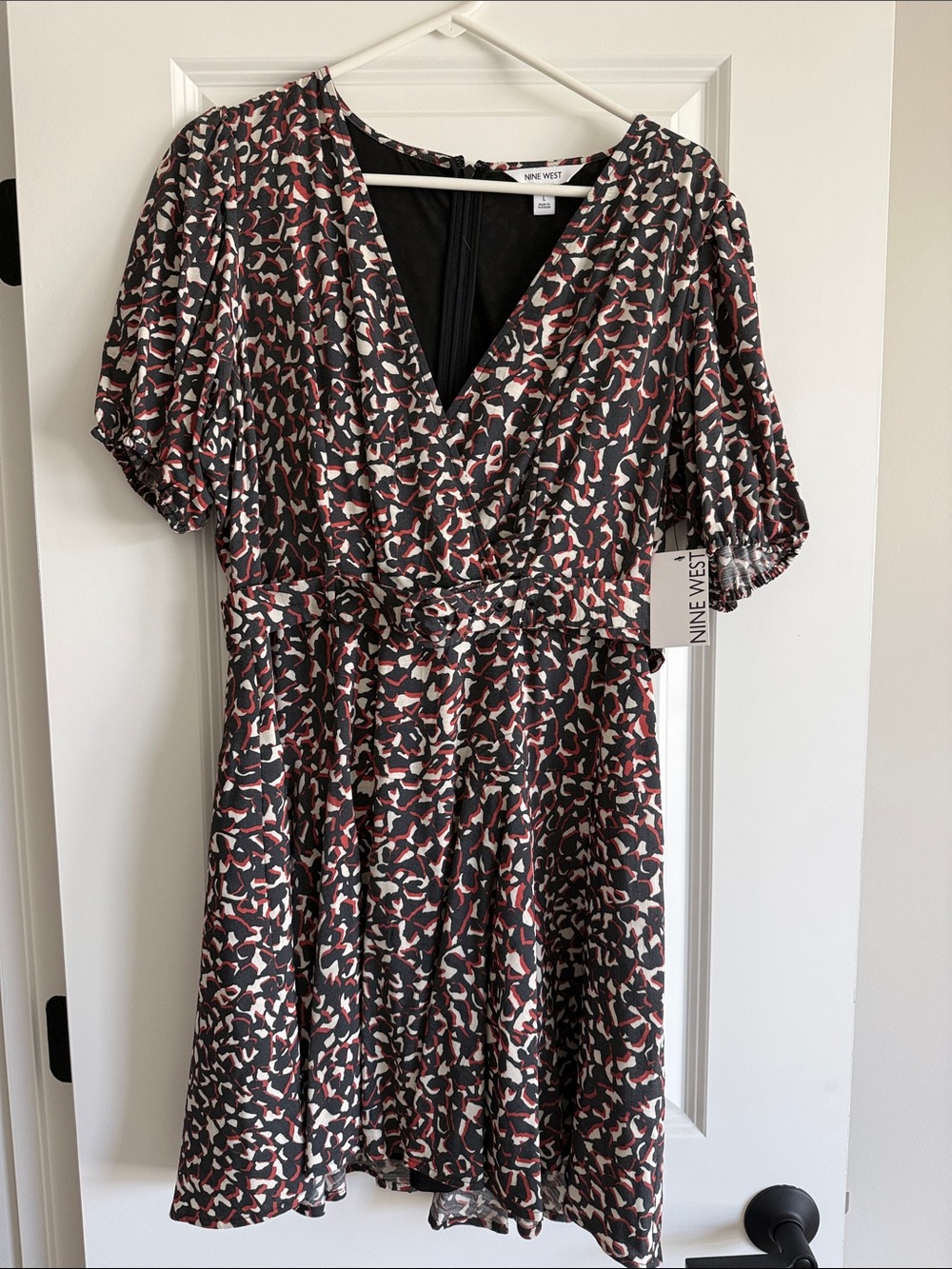 Nine West Black, Pink & Cream Abstract Wrap Midi Dress